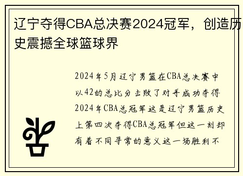 辽宁夺得CBA总决赛2024冠军，创造历史震撼全球篮球界
