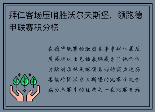 拜仁客场压哨胜沃尔夫斯堡，领跑德甲联赛积分榜