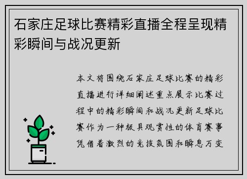 石家庄足球比赛精彩直播全程呈现精彩瞬间与战况更新
